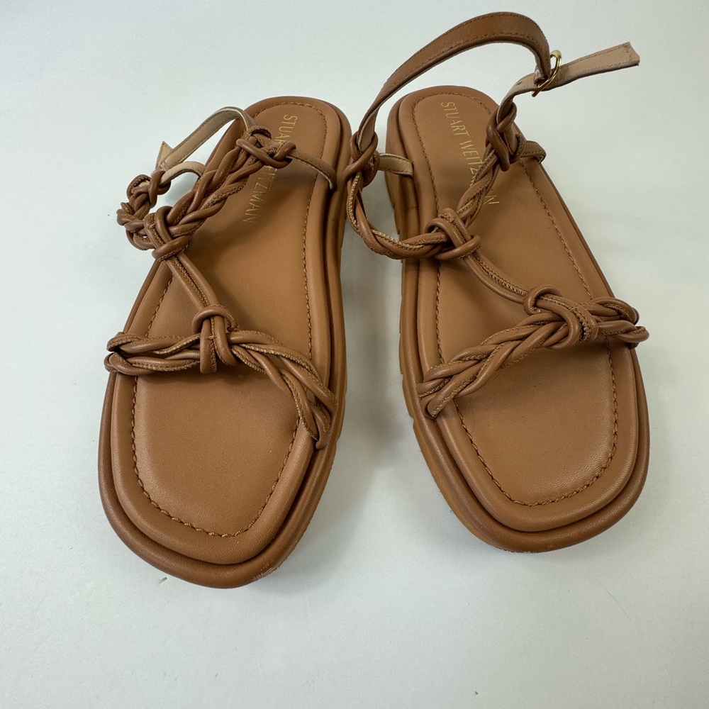 STUART WEITZMAN Calypso Braided Leather Slingback Platform Sandals Brown 11 41.5